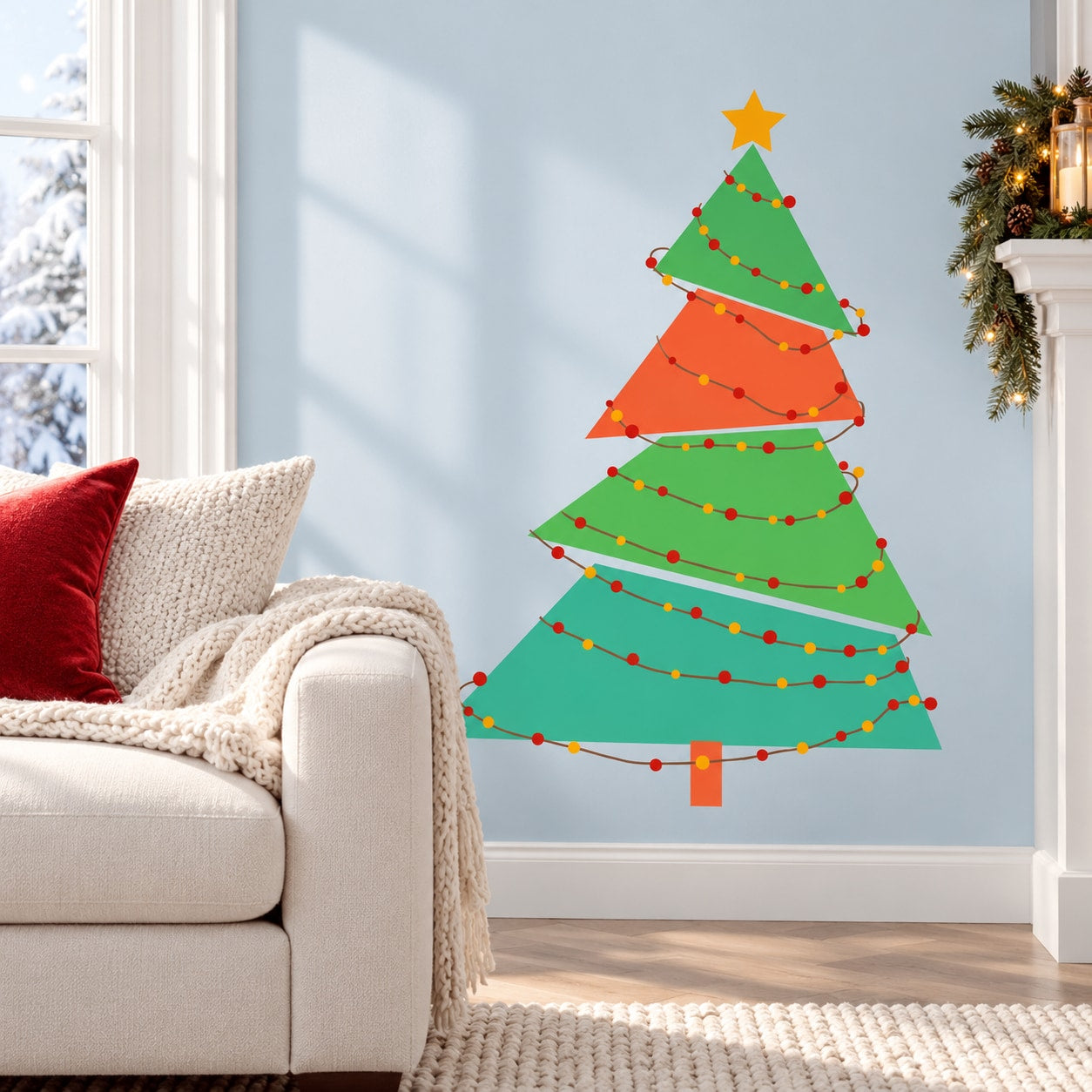 Green Christmas tree wall decal with multicolor string lights and star topper