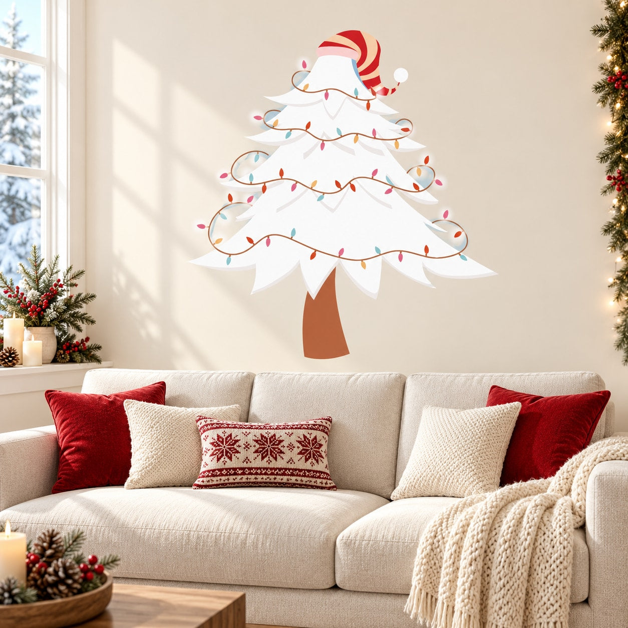 Snowy Christmas tree wall decal with red ornaments, lights, and candy-cane topper