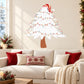 Snowy Christmas tree wall decal with red ornaments, lights, and candy-cane topper