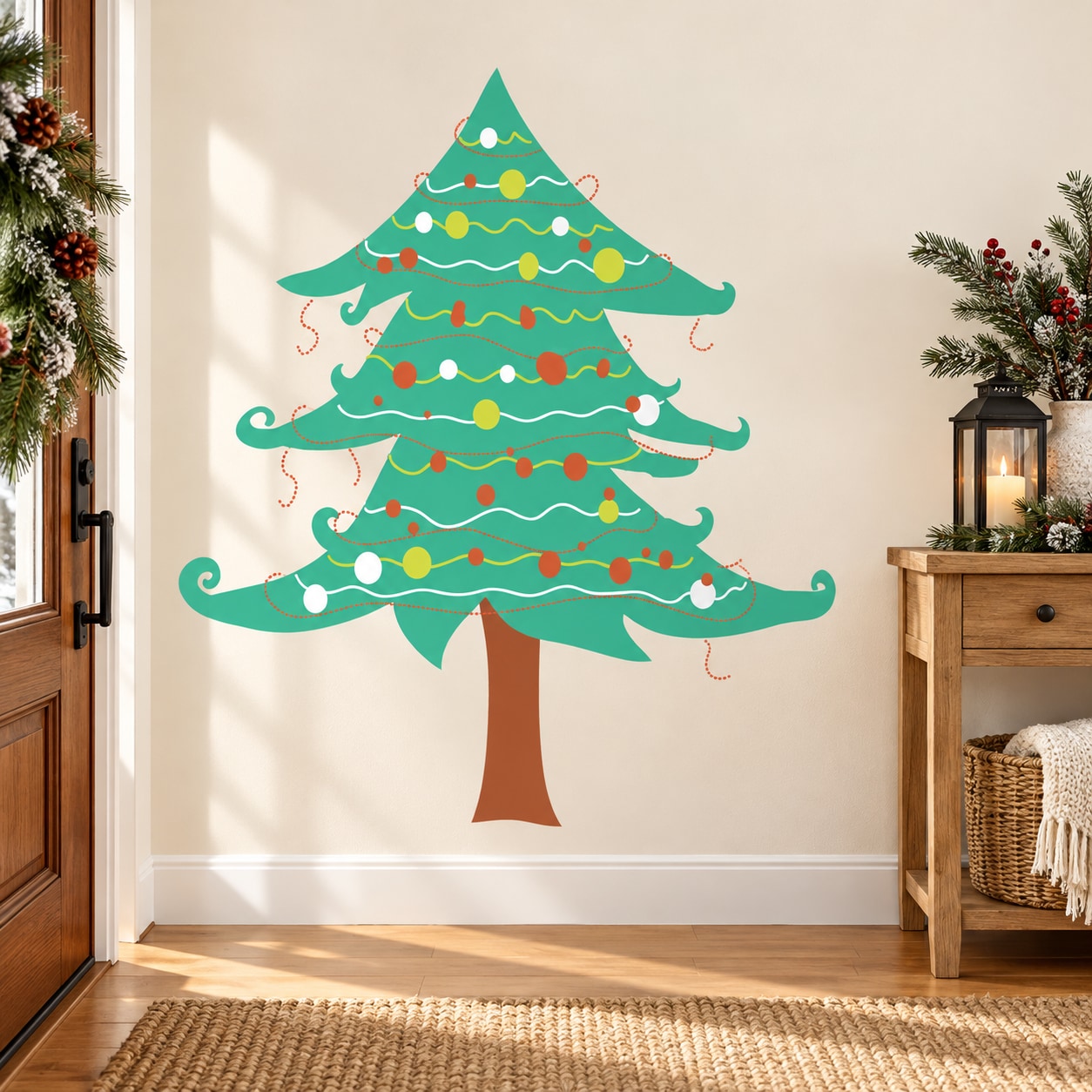 Decorated Christmas tree wall decal, green tree with ornaments and lights