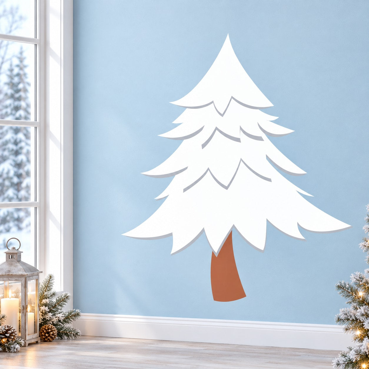 Snow-covered pine tree wall decal, white tree with brown trunk detail