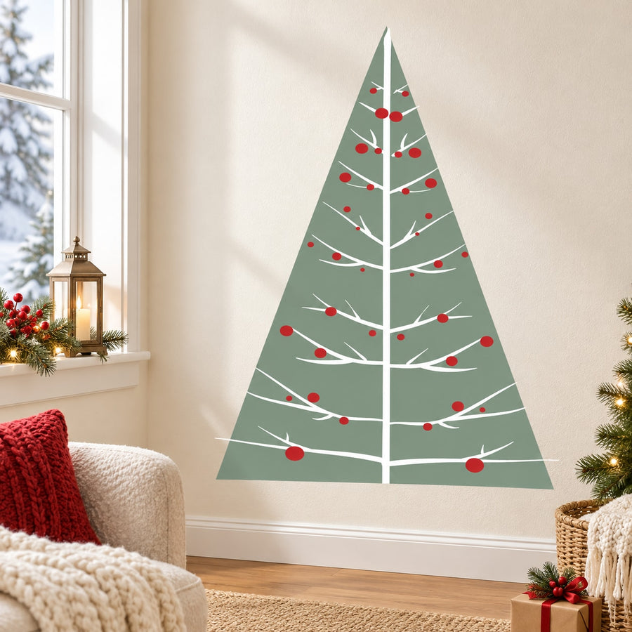Green Christmas tree wall sticker with white branches and red ornaments