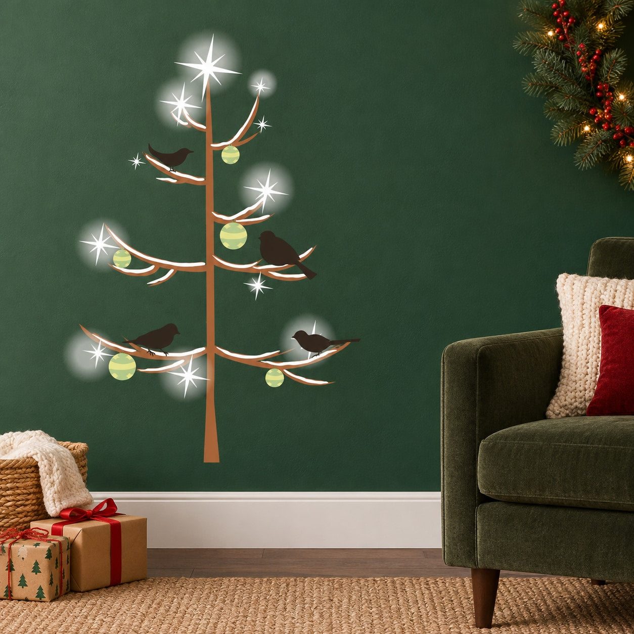 Christmas tree wall decal with birds and star sparkle accents on clear sticker