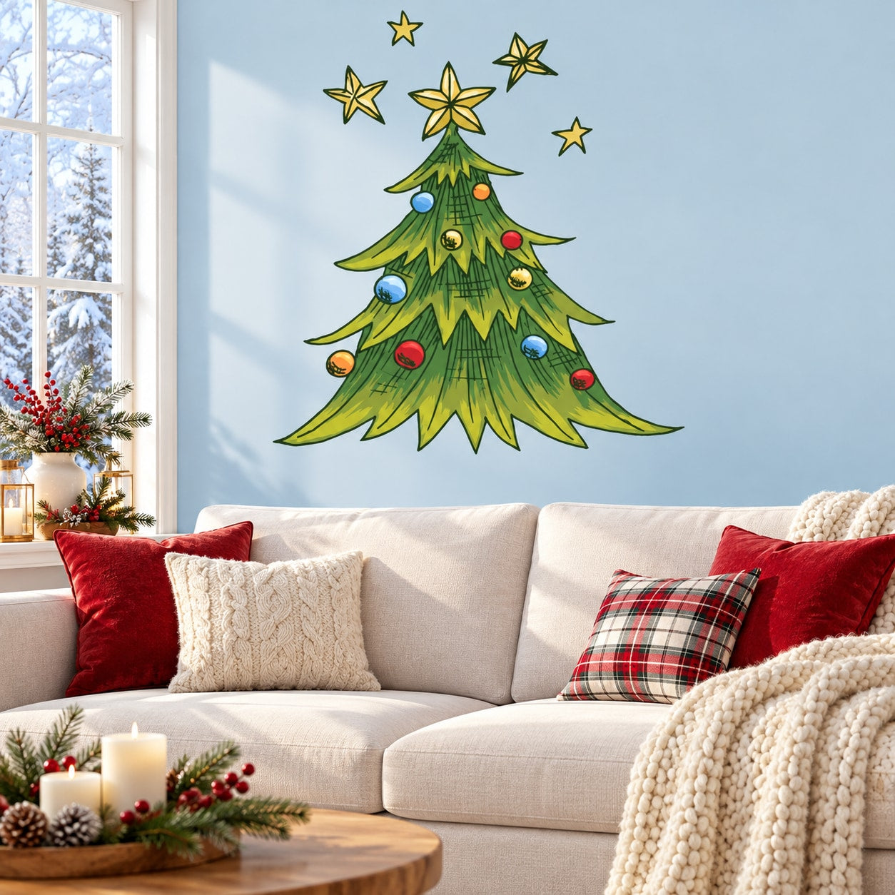 Decorated Christmas tree wall decal with stars and ornaments, multicolor