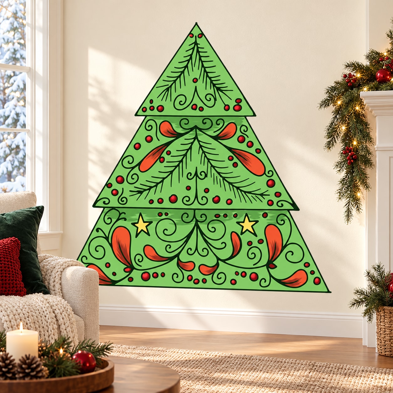 Ornate Christmas tree sticker with green and red swirls and two star accents