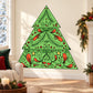 Ornate Christmas tree sticker with green and red swirls and two star accents
