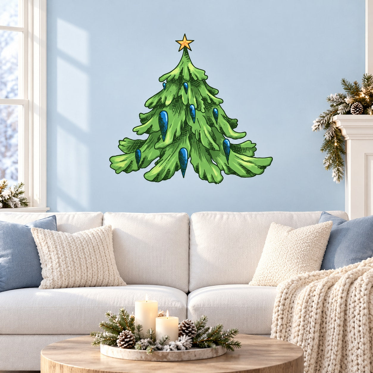 Green Christmas tree wall sticker with blue raindrop lights and star topper