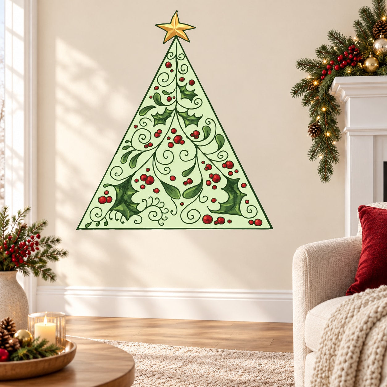 Green Christmas tree wall sticker with red berries and gold star topper