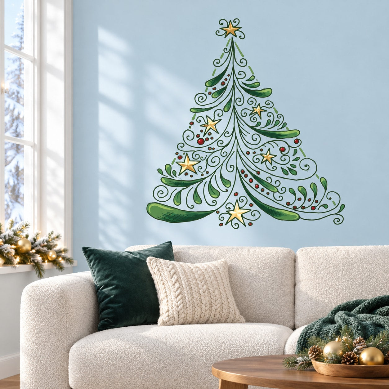 Decorative green Christmas tree wall decal with gold star ornaments and curling accents