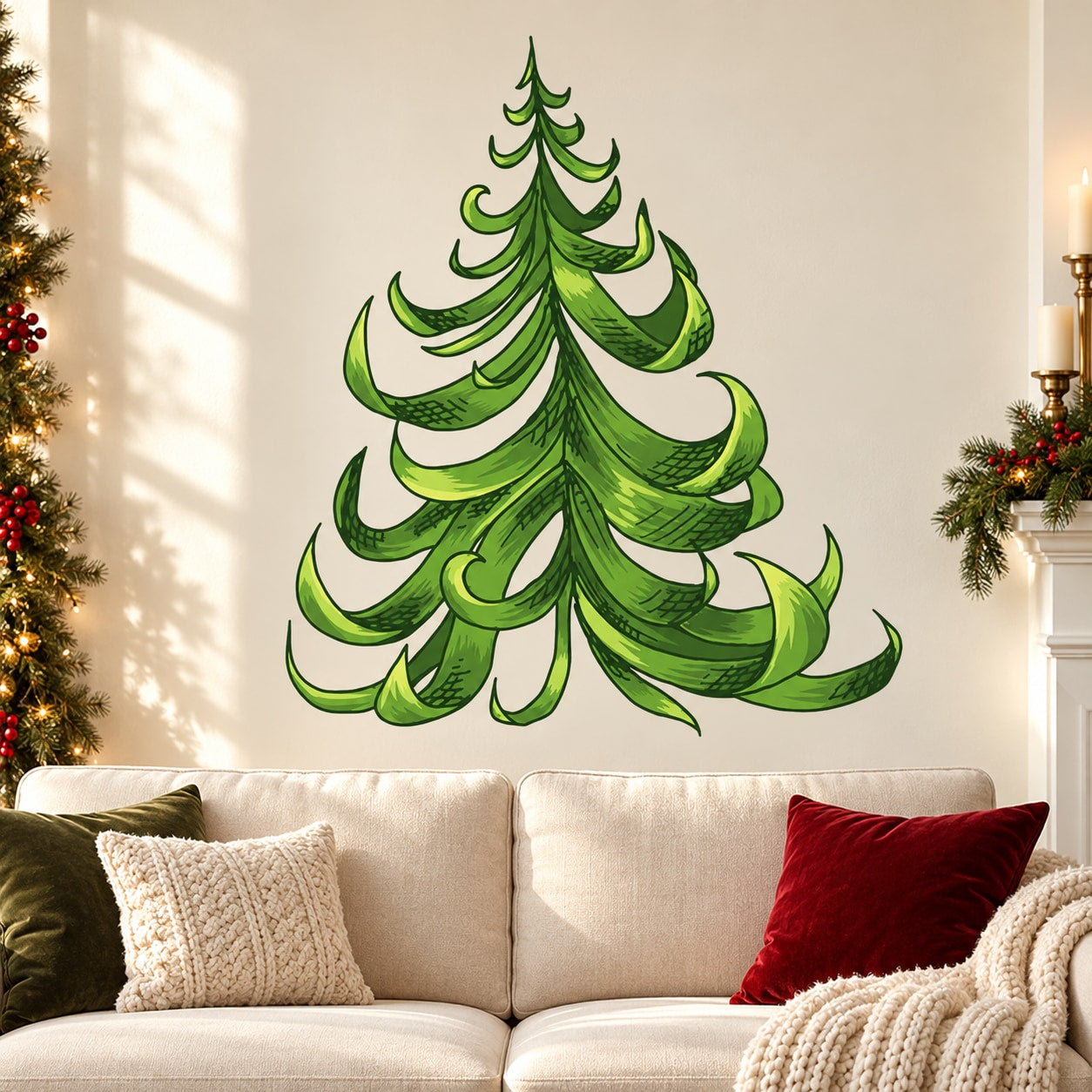 Green Christmas tree wall decal with delicate swirl branch design