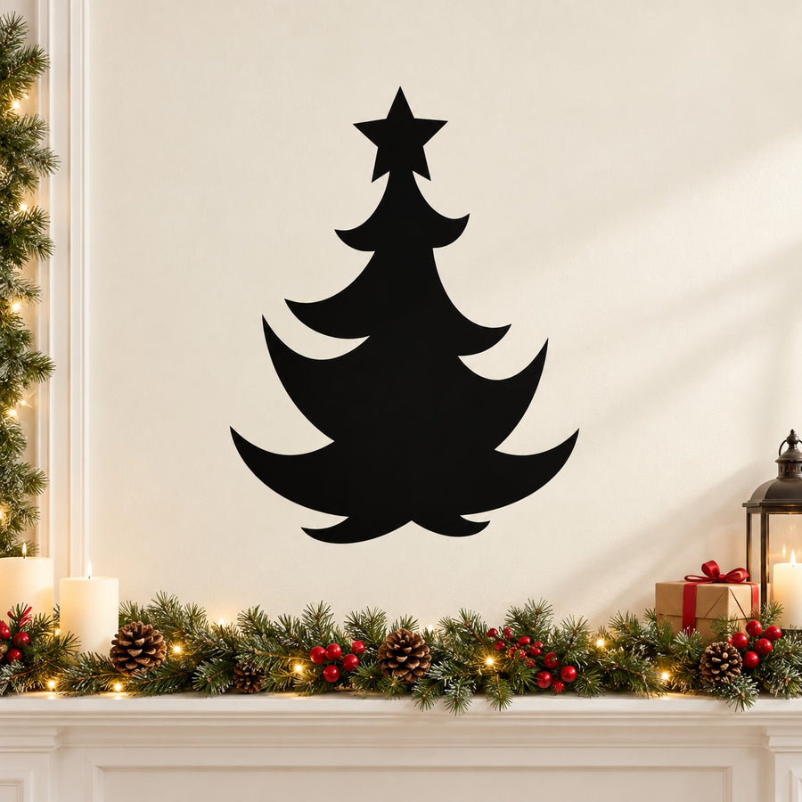 Wavy Christmas tree wall decal with star top, black