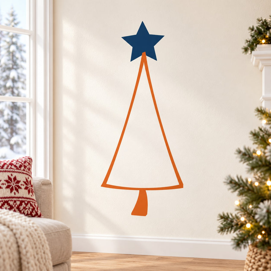 Christmas tree decal with dark blue star and orange triangle and ornaments