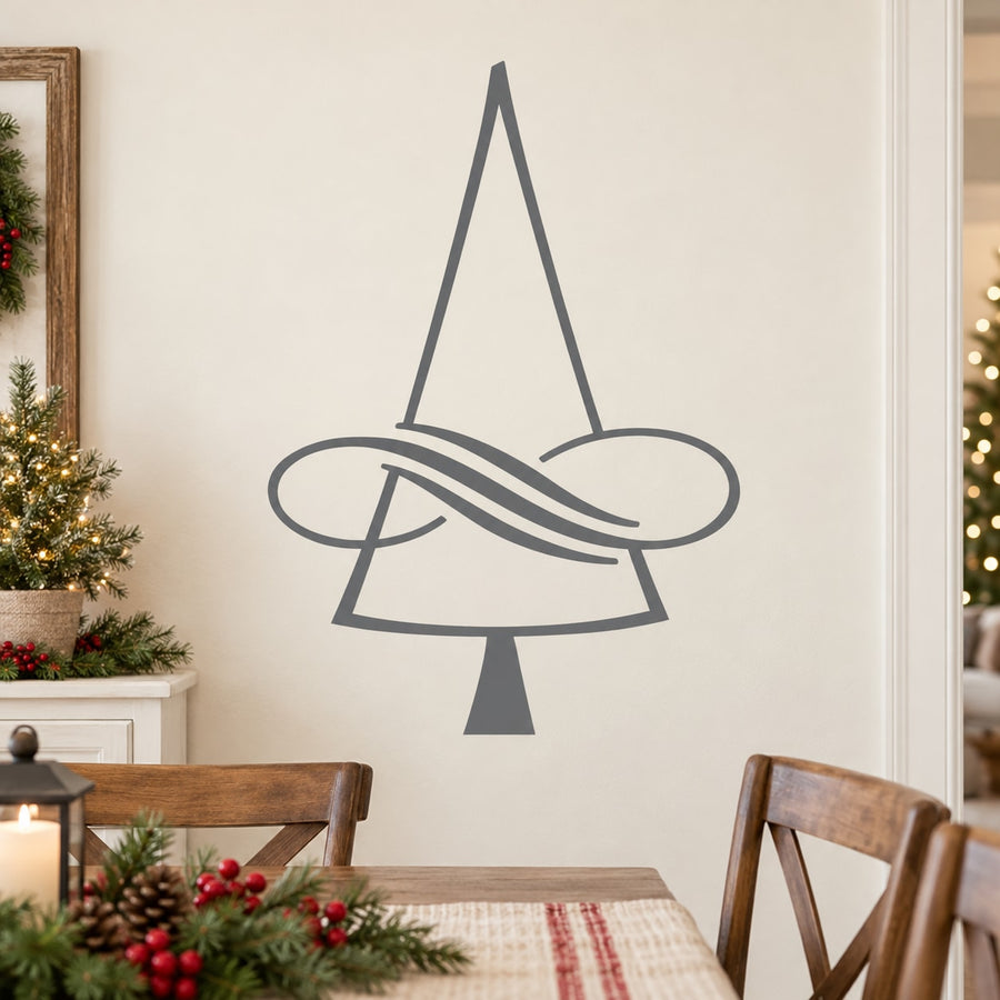 Triangle Christmas tree wall decal with gray swirling ribbon