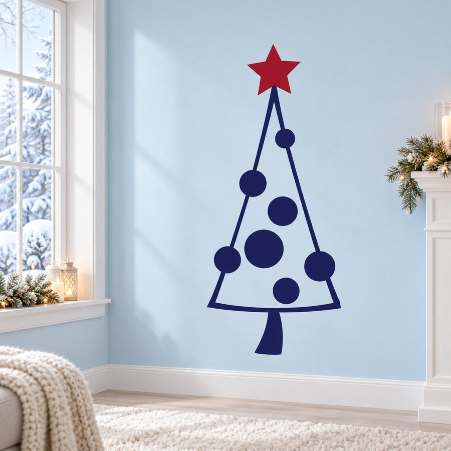 Christmas triangle wall decal with dark blue dots and red star topper