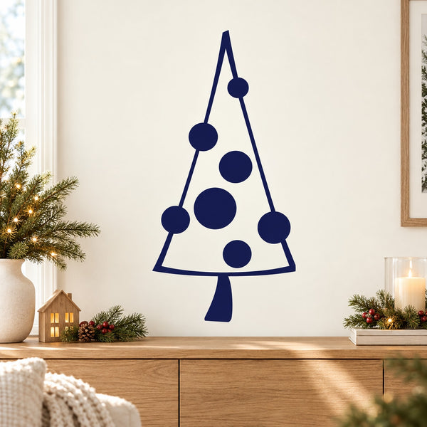 Navy triangle Christmas tree decal with round dot ornaments and small trunk