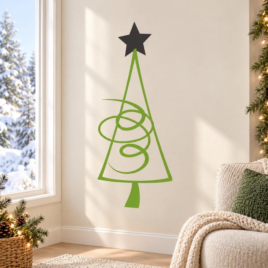 Green triangle Christmas tree wall decal with spiral lines and star topper