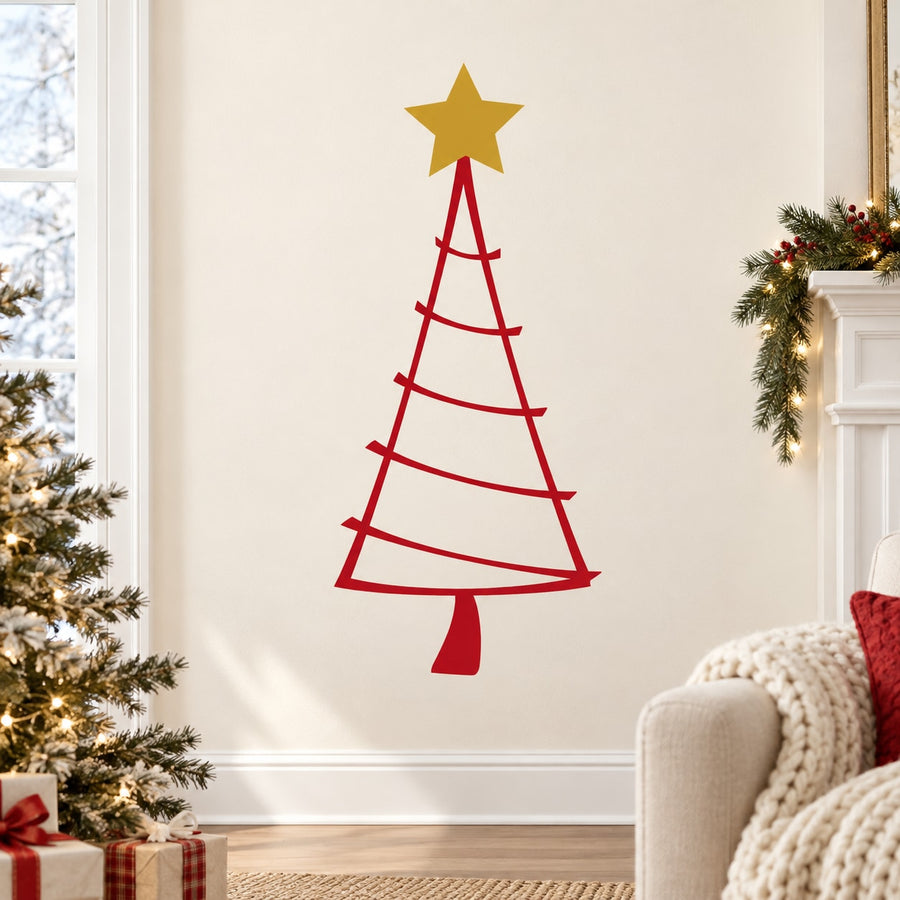 Triangle Christmas tree wall decal with red stripes and gold star top