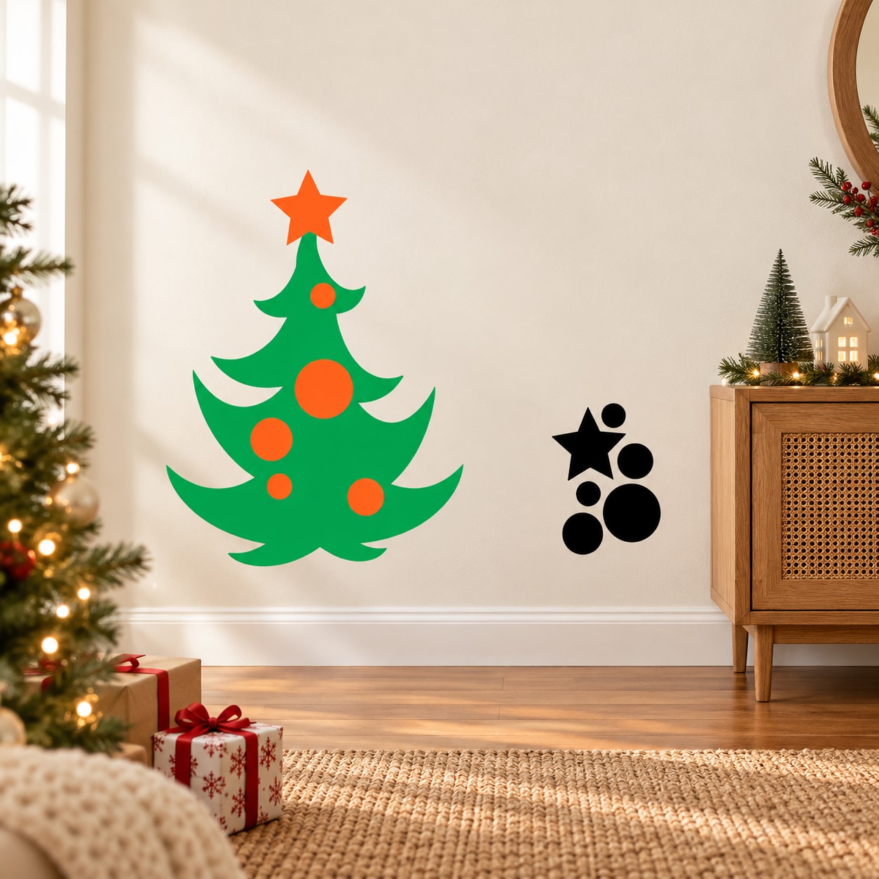 Wavy Christmas tree wall decal set with orange star and round ornaments