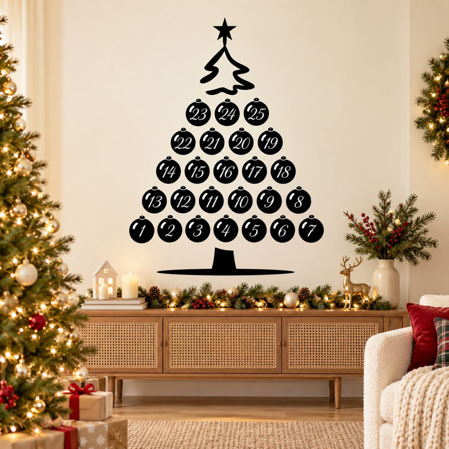 Black Christmas ornament tree wall decal with star top and numbered round baubles