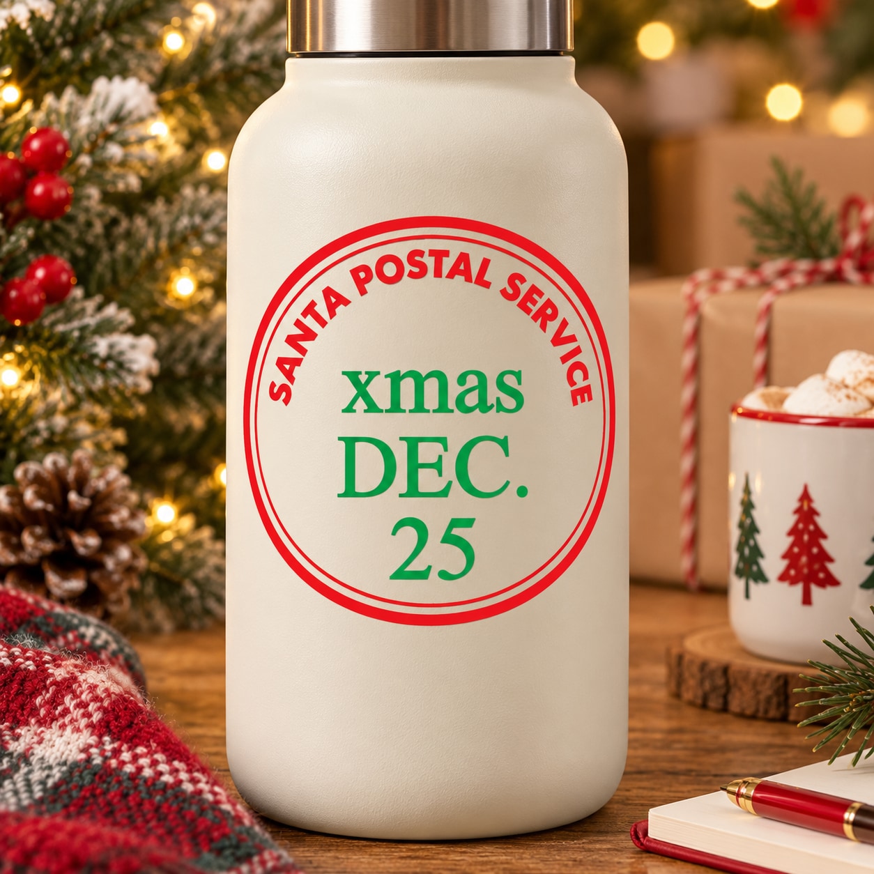 Santa postal stamp date decal: red circular seal with green “XMAS DEC. 25”
