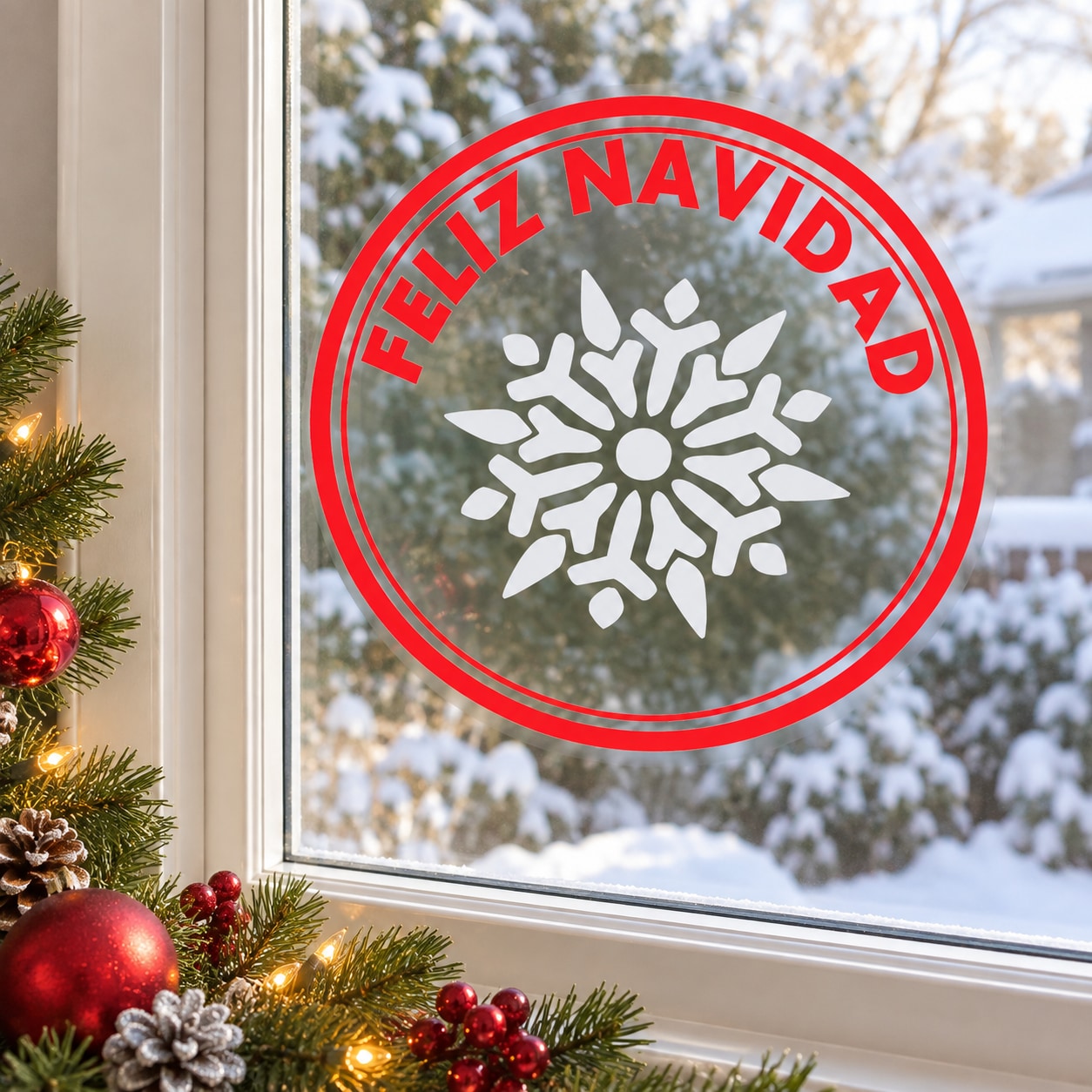 Round Feliz Navidad snowflake decal with red border and white die-cut snowflake
