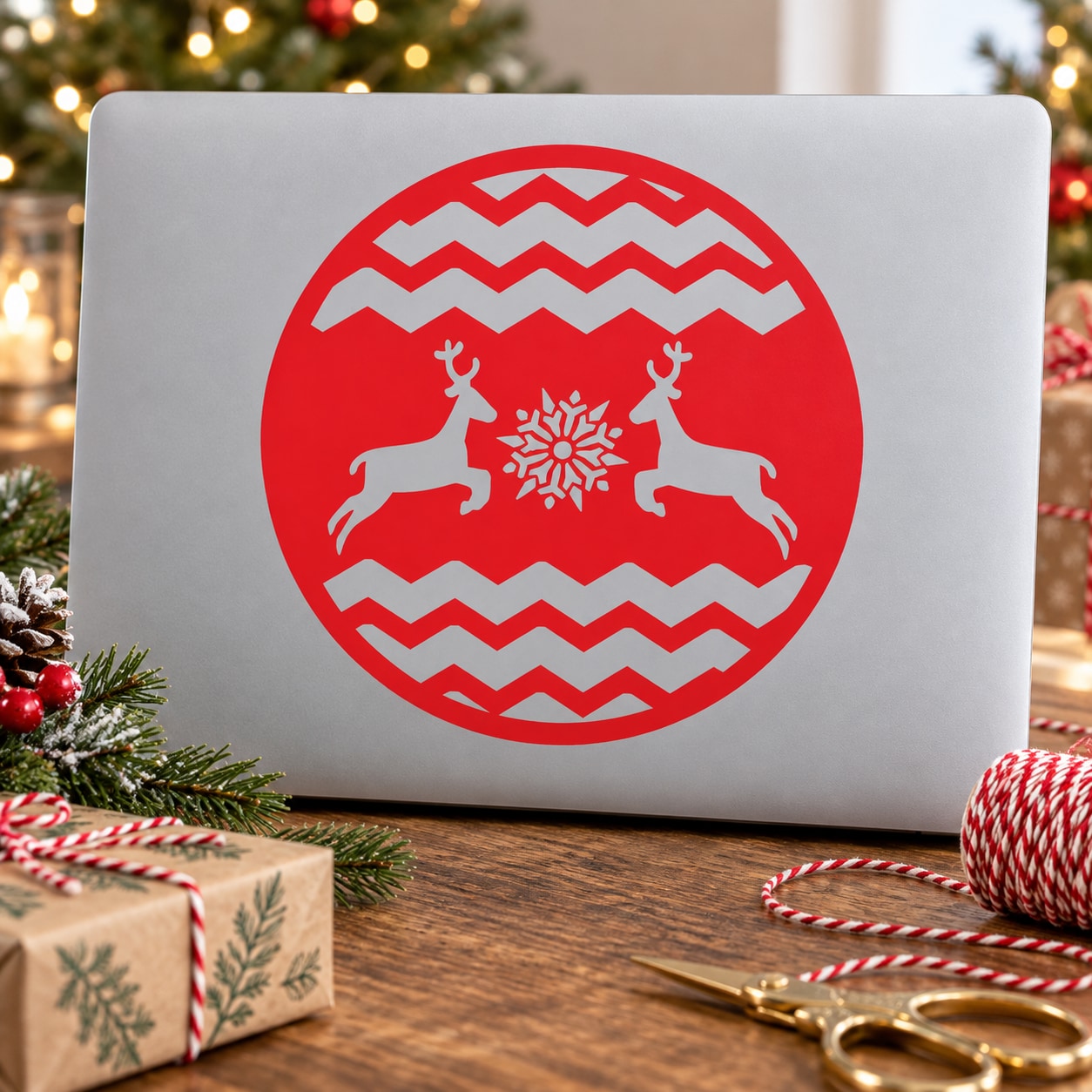 Reindeer ornament decal with red circle: two deer, snowflake, chevron border