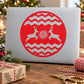 Reindeer ornament decal with red circle: two deer, snowflake, chevron border