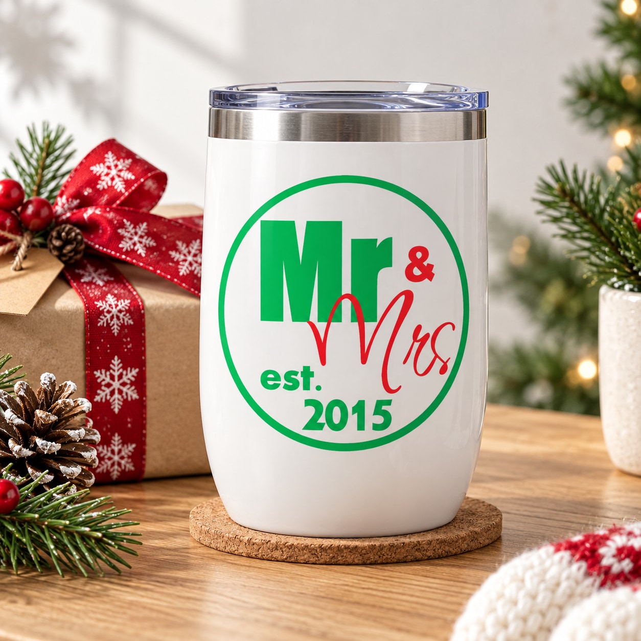 White tumbler with green “Mr & Mrs” “est.” and “2015” decal