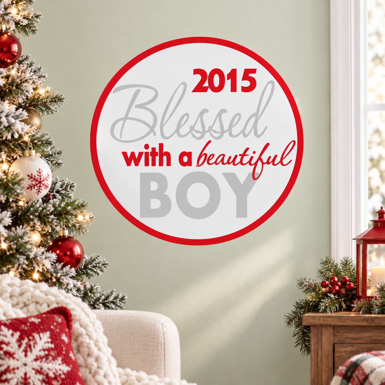 Red and gray die-cut decal circle reading “2015 Blessed with a beautiful BOY”