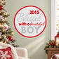 Red and gray die-cut decal circle reading “2015 Blessed with a beautiful BOY”