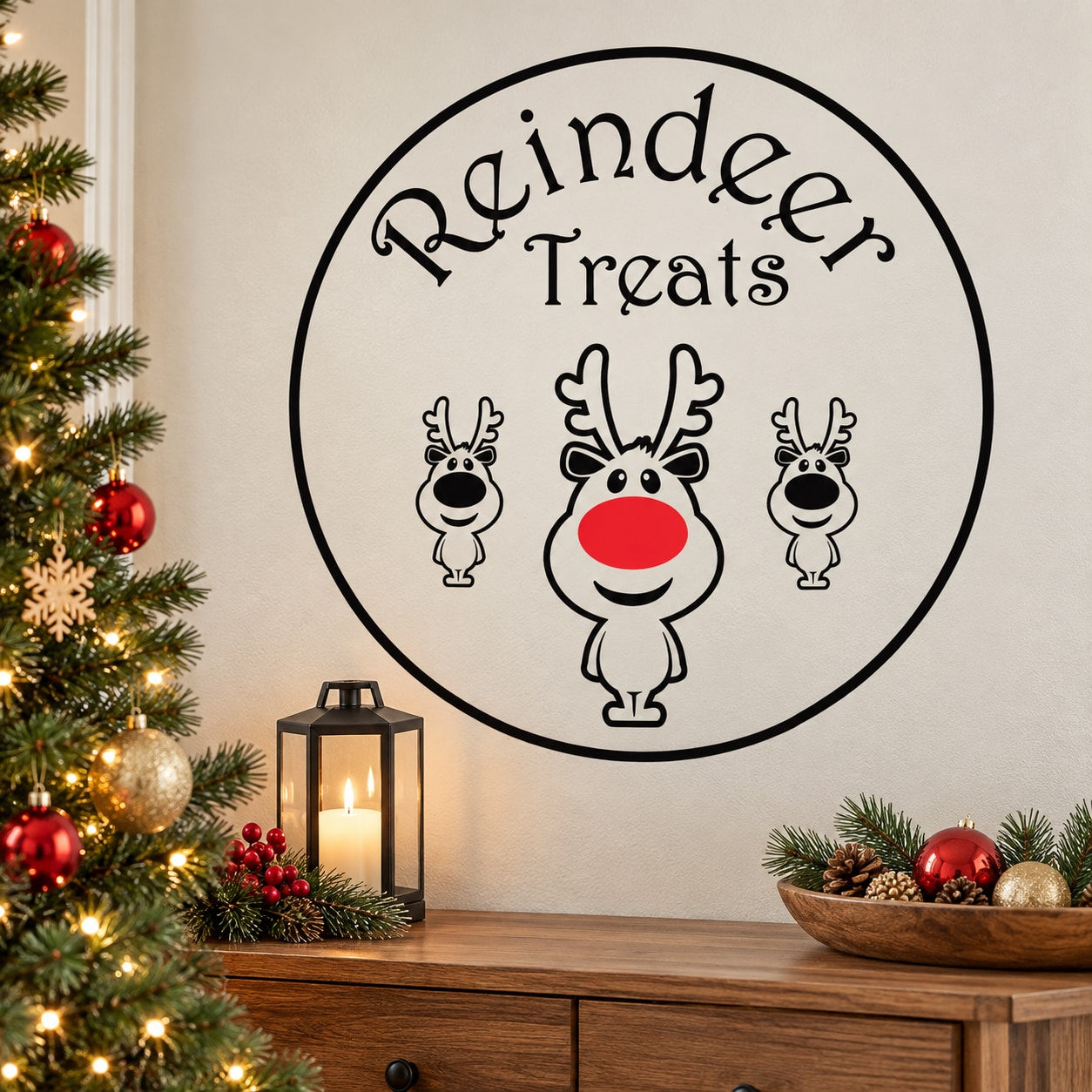 Circular wall decal: 'Reindeer Treats' with three cartoon reindeer, red-nose center