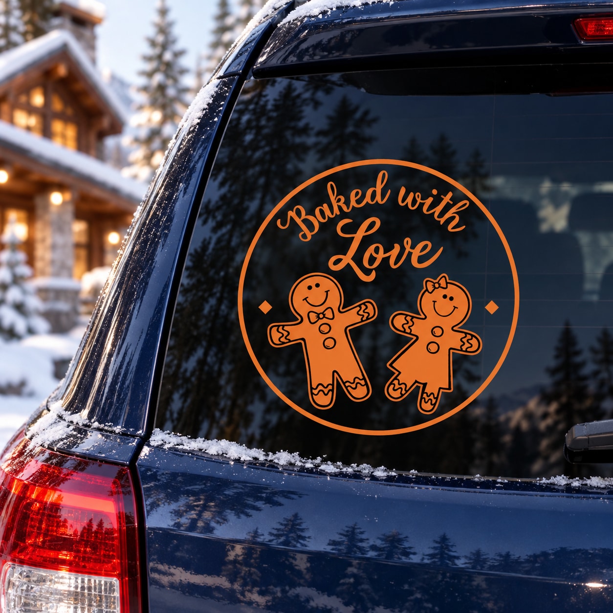 Orange circular "Baked with Love" gingerbread decal with two smiling gingerbread figures