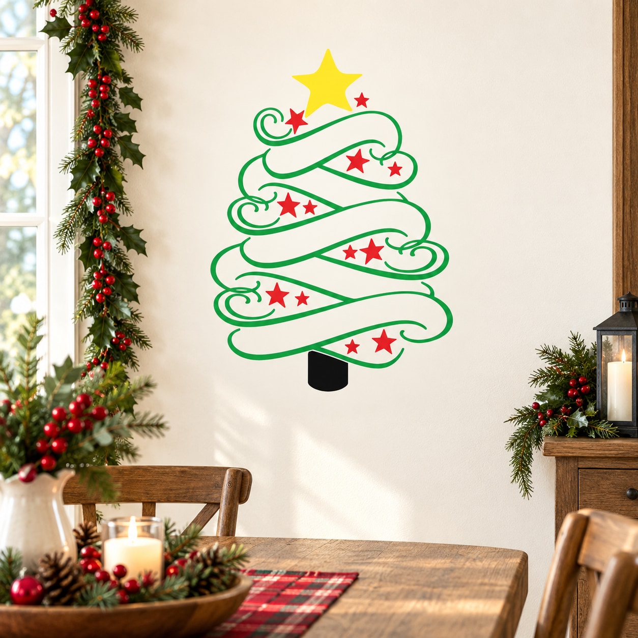 Die-cut Christmas tree decal with green outline and red star accents