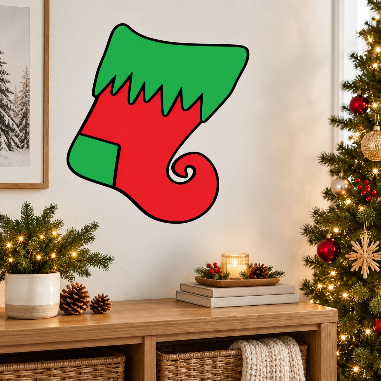Cartoon stocking sticker in green and red with black outline and curled cuff
