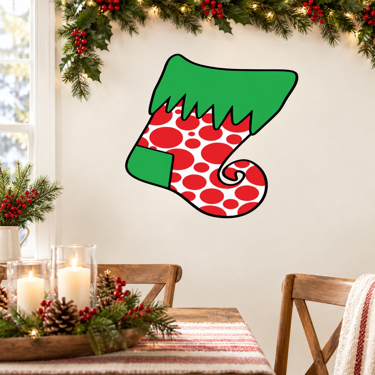 Cartoon Christmas stocking sticker with green cuff and red polka-dot leg