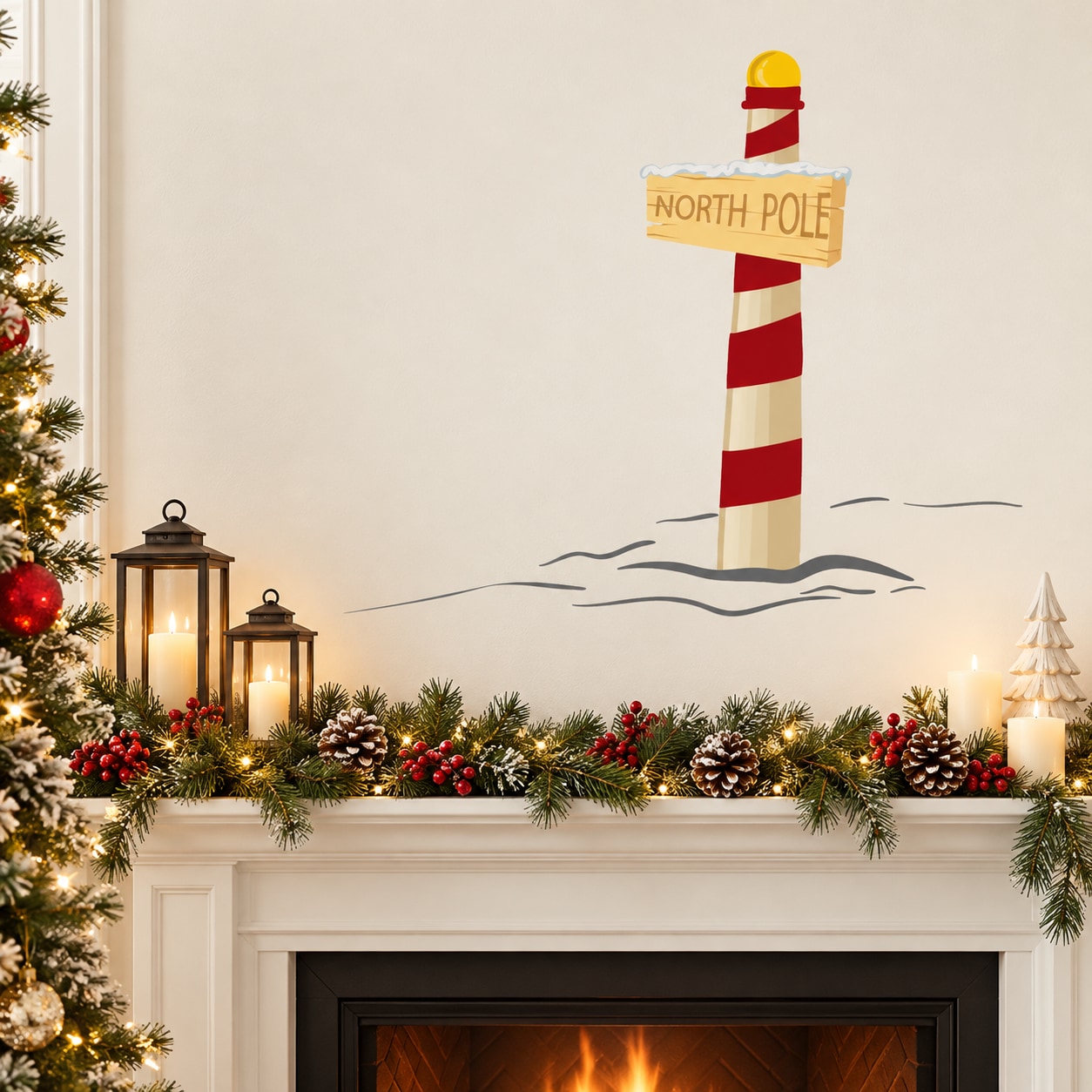North Pole themed vinyl wall decal with striped lighthouse and sign, for holiday decor