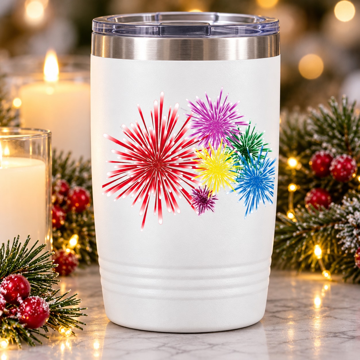 White tumbler with stainless lid, colorful fireworks burst graphic on front