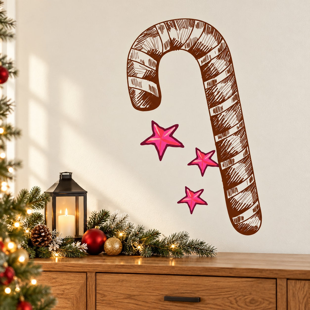 Christmas candy cane decal with pink star accents, striped brown outline