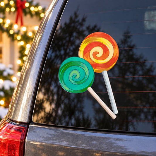 Candy lollipop die-cut decal set with two swirling lollipops, red yellow and green on sticks
