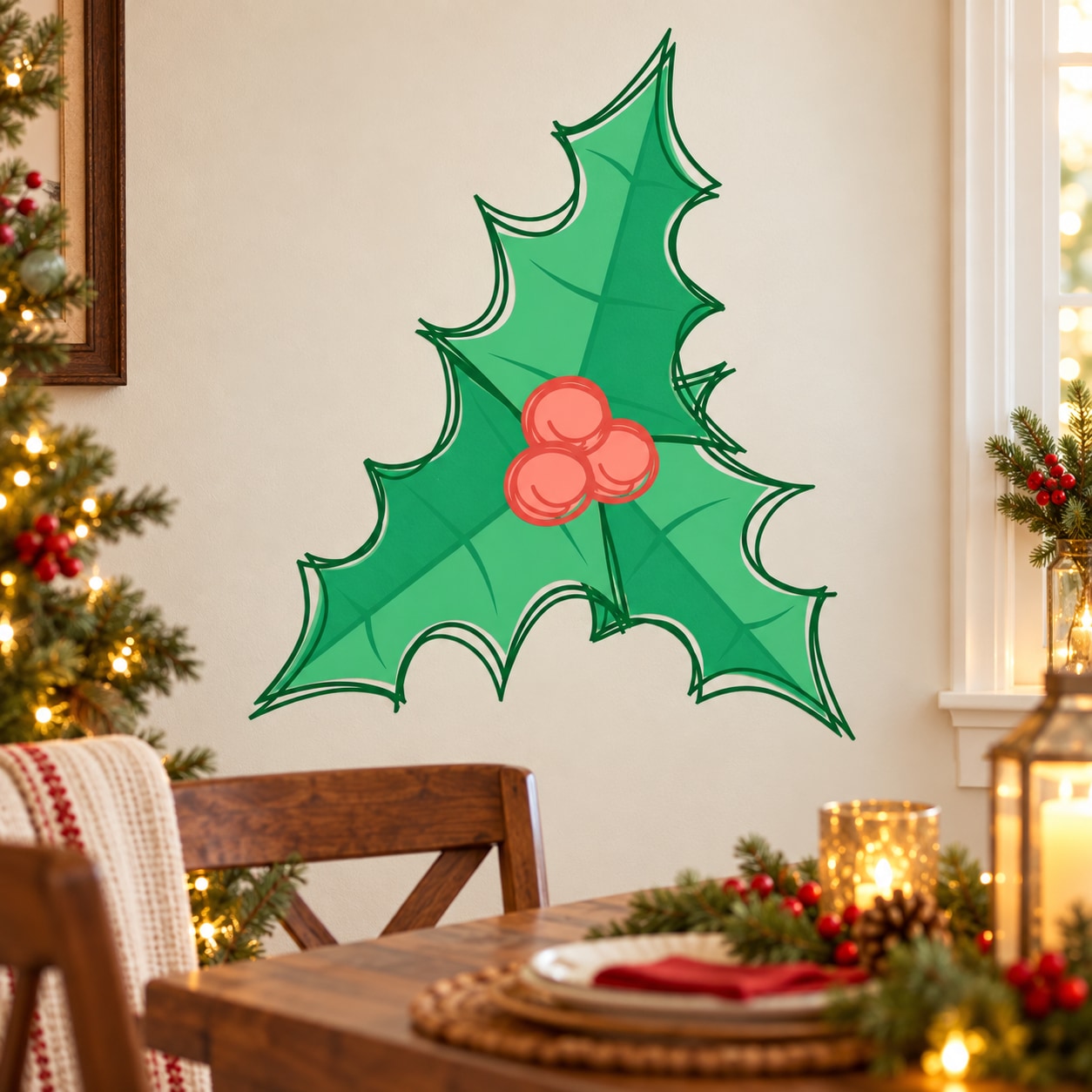 Holly leaves and berries wall decal, green leaves with red berry cluster