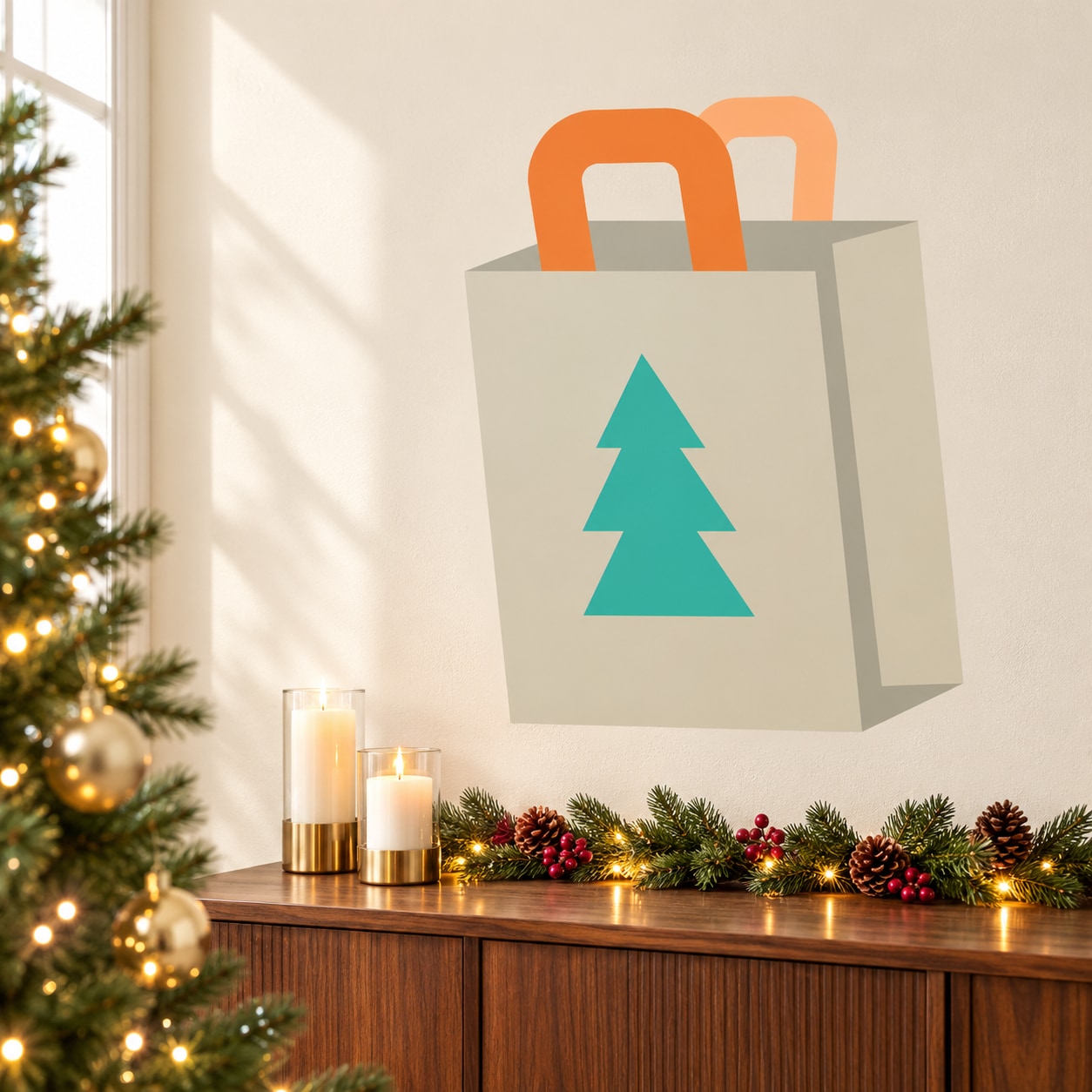 Christmas tree sticker for gift bags, teal tree on gray bag