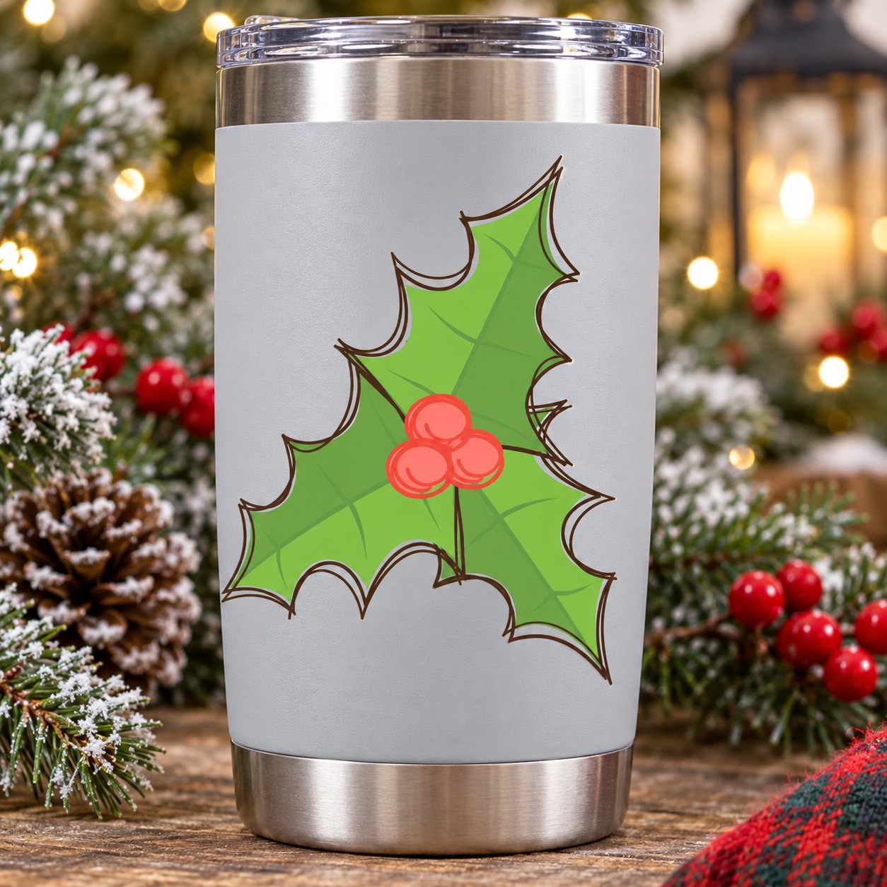 Mistletoe leaf and berry printed decal on white tumbler label, green and red