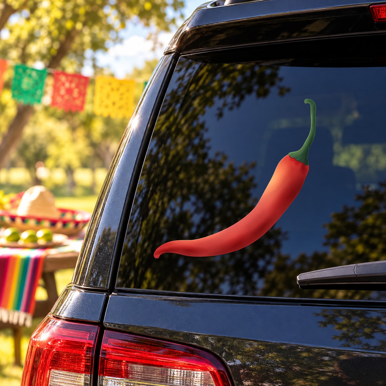 Vinyl chili pepper decal with green stem and red curved pepper
