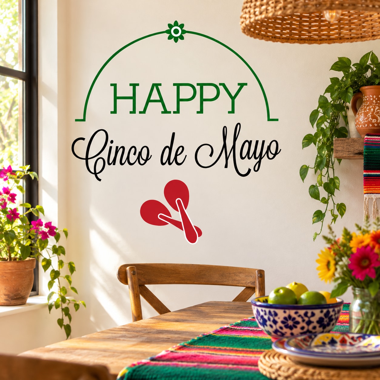 Cinco de Mayo wall decal with arched HAPPY text, flower and red ribbon icon