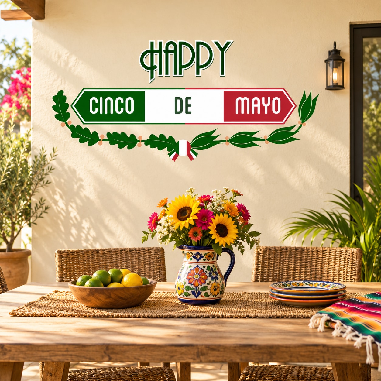 Cinco de Mayo vinyl wall decal: Happy Cinco de Mayo banner with leaves and ribbon