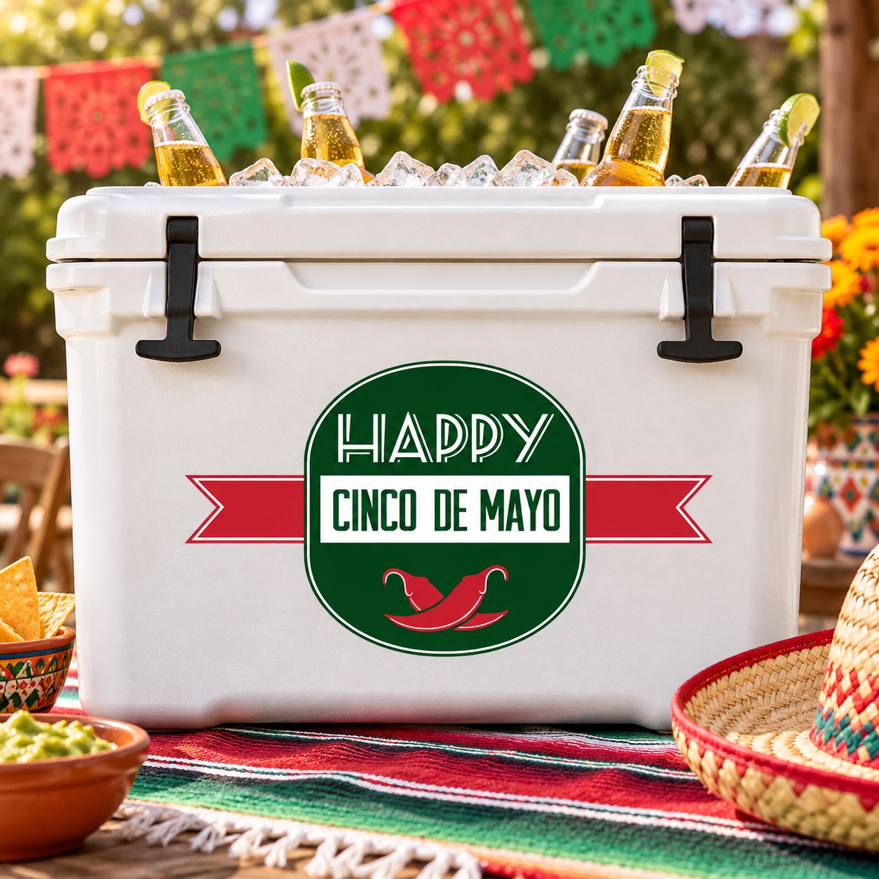 Happy Cinco de Mayo vinyl decal with green circle and red banner plus chili pepper icon