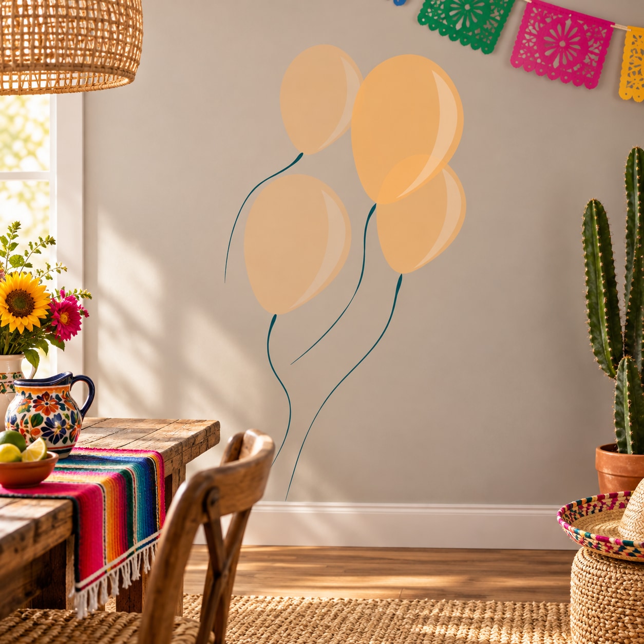Cinco de Mayo balloons wall decal with three beige balloons and blue strings