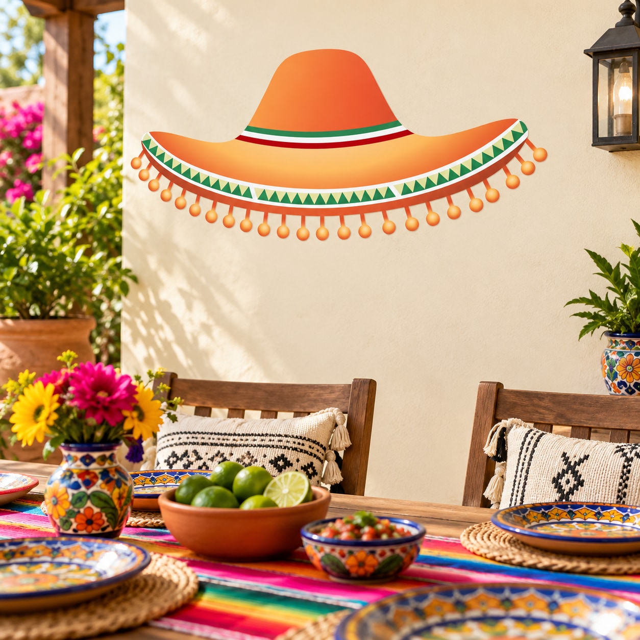 Orange sombrero wall decal with green trim and orange pom-pom fringe, vinyl