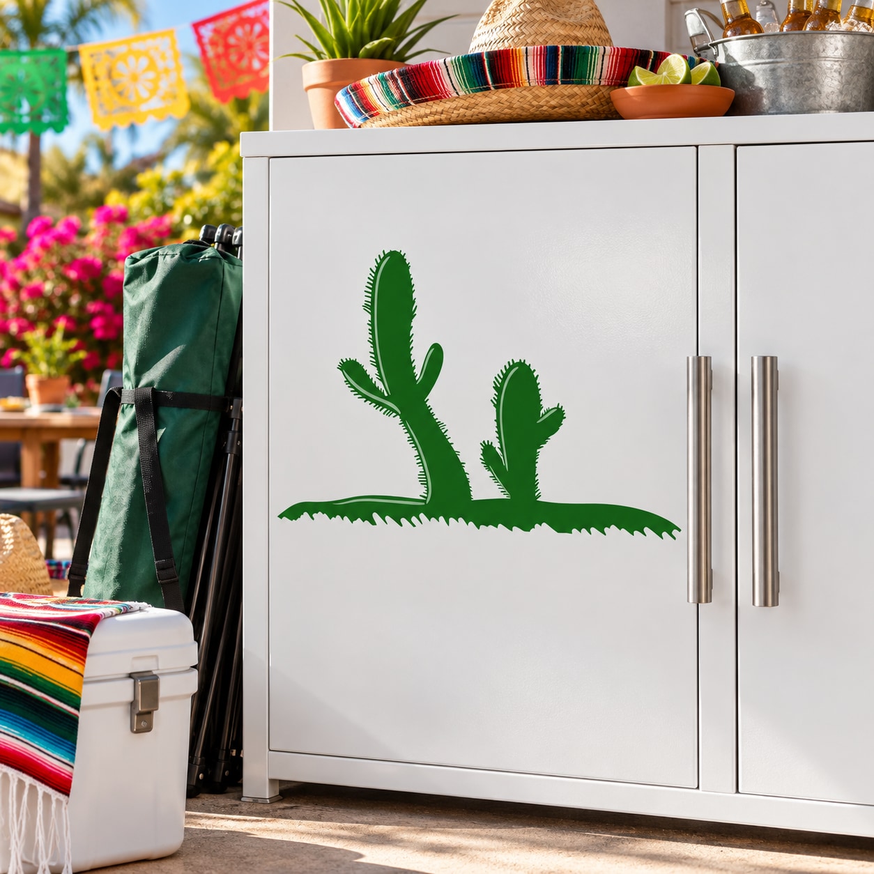 Green cactus wall decal vinyl with three cactus silhouettes and desert ground shape