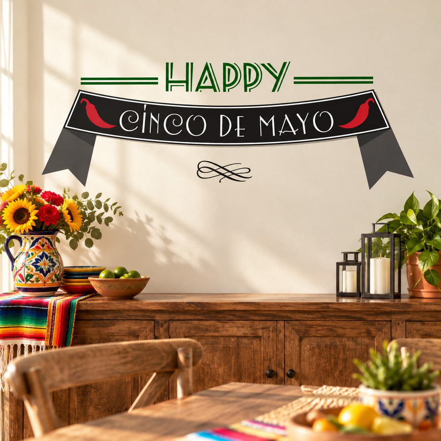Happy Cinco De Mayo Wall Decal - Vinyl Decal - Car Decal - Idcolor010 — illustrative vinyl decal application mockup. Surrounding objects are not included.